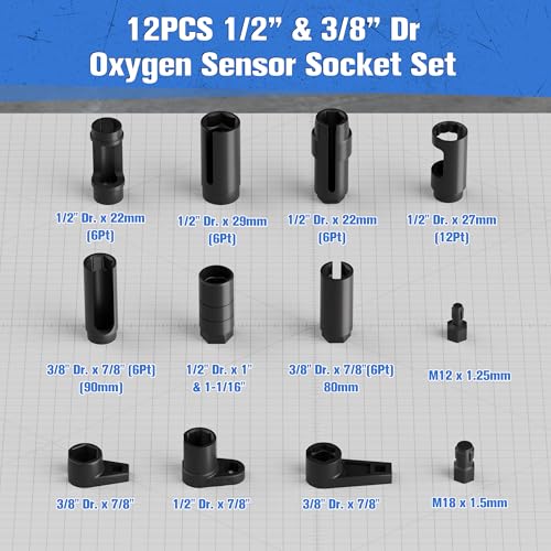 YEKEPRO 12-Piece Oxygen Sensor Socket Set & Thread Chaser Set, with 22mm 27mm 29mm 7/8" 1-1/16" Sockets 1/2" 3/8" Drive, for Oil Pressure, Vacuum, Thermal Sensors - Image 2