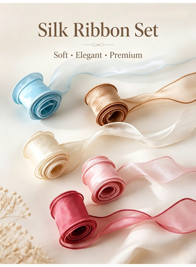 Ayshal 5pcs, 1.57 inch x 10 yards (Total 50 yards), Cake Flower Ribbon Tie, Butterfly DIY Headband Material, Wave Curl Packaging Tie, Fishtail Yarn Woven Satin Floating Color Ribbon For Room Decoration, Wedding Party Decoration Ribbon, Unique Gift Box Tie Ribbon - Image 1
