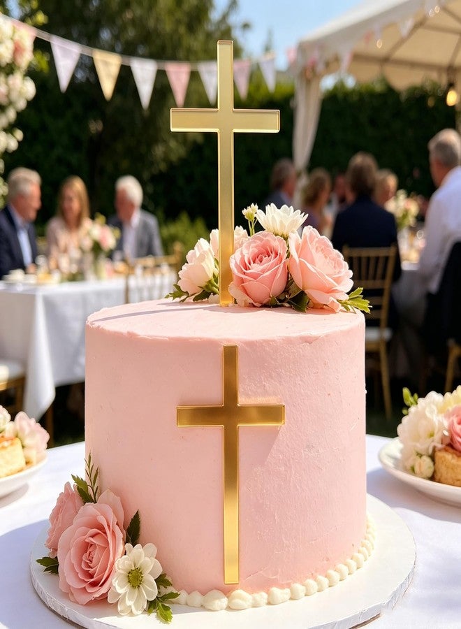 REMAX 2 PCS Acrylic Gold Cross Cake Topper, Baby Shower Baptist Cake Decoration Holy Communion Christening Cross Cake Side Decoration Cake Charm Party Supplies, 3.0 x 5.5 Inches - Image 2
