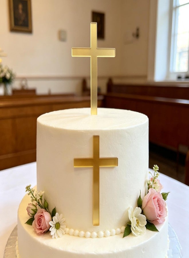 REMAX 2 PCS Acrylic Gold Cross Cake Topper, Baby Shower Baptist Cake Decoration Holy Communion Christening Cross Cake Side Decoration Cake Charm Party Supplies, 3.0 x 5.5 Inches - Image 1