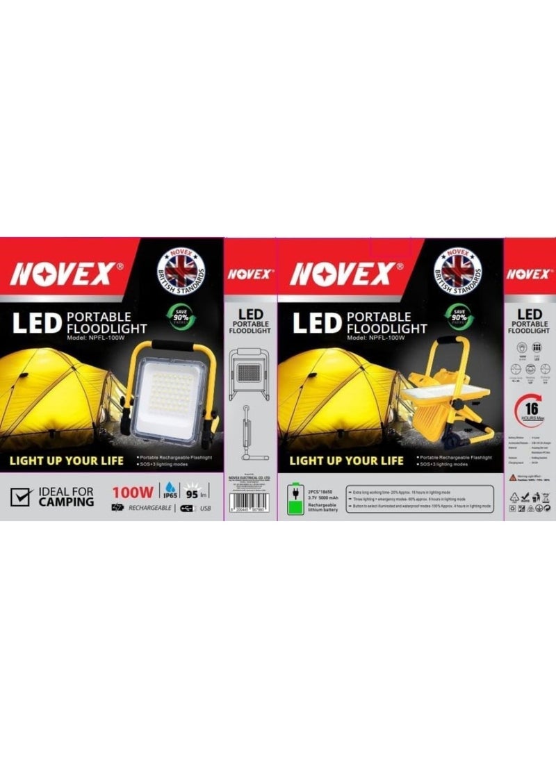 نوفيكس مصباح NOVEX الكشّاف القابل للشحن بقوة 100 واط مع حامل – NPFL-100W إضاءة فائقة السطوع. محمول. مقاوم للماء. مثالي للتخييم والاستخدام الخارجي.  مصباح NOVEX الكشّاف المحمول القابل للشحن بقدرة 100 واط هو شريكك المثالي للتخييم، وحالات الطوارئ، ومواقع العمل، والسفر، والاحتياجات المنزلية الاحتياطية، والمغامرات الخارجية. مزوّد بمصابيح LED عالية السطوع، ووضعَي إضاءة، وحامل قوي، ليمنحك أقصى إضاءة متى وأينما احتجت إليها. - Image 2