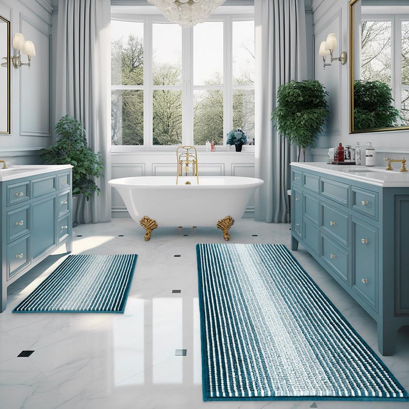BSICPRO Bathroom Rugs and Mats Sets  2 Piece Thick Absorbent Chenille Bath Mat Rug Set Non Slip  Soft Shaggy Bath Room Floor Mats for Bathroom  Machine Washable (20"" x 60"" Plus 20"" x 32""  Teal) - Image 1