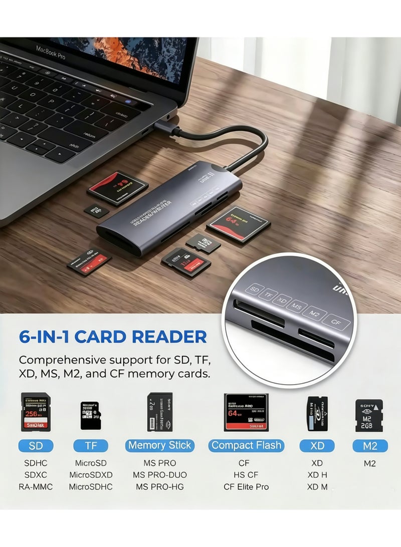قارئ بطاقات متعدد الوظائف بـ 6 في 1 ومنفذ USB 3.0 ونوع C - يعمل مباشرة بعد التوصيل (Plug & Play)، متوافق مع أنظمة Apple وWindows، يدعم بطاقات SD، TF، Micro SD، MS، CF، وM2. - Image 2