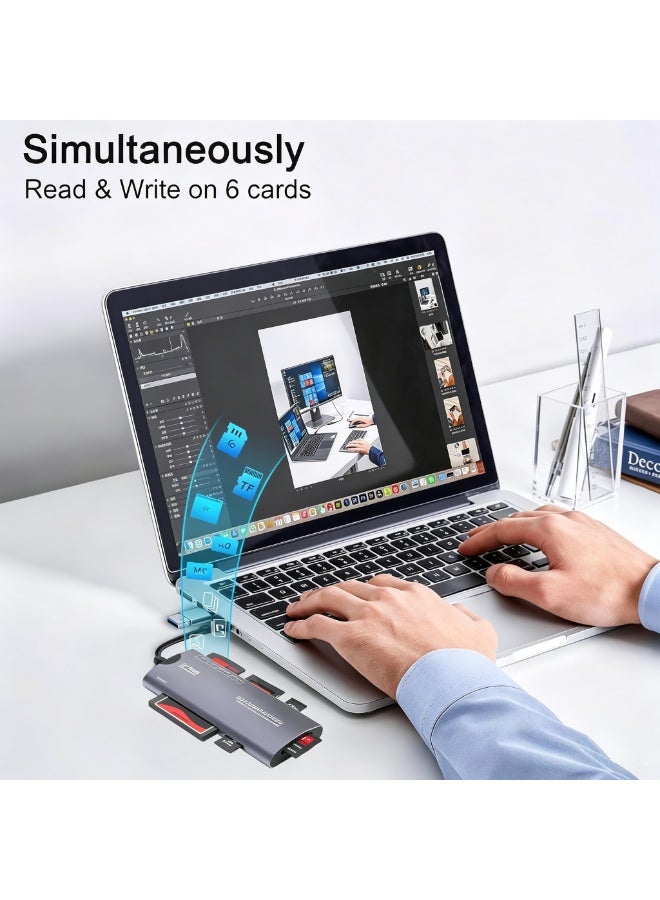 قارئ بطاقات متعدد الوظائف بـ 6 في 1 ومنفذ USB 3.0 ونوع C - يعمل مباشرة بعد التوصيل (Plug & Play)، متوافق مع أنظمة Apple وWindows، يدعم بطاقات SD، TF، Micro SD، MS، CF، وM2. - Image 4