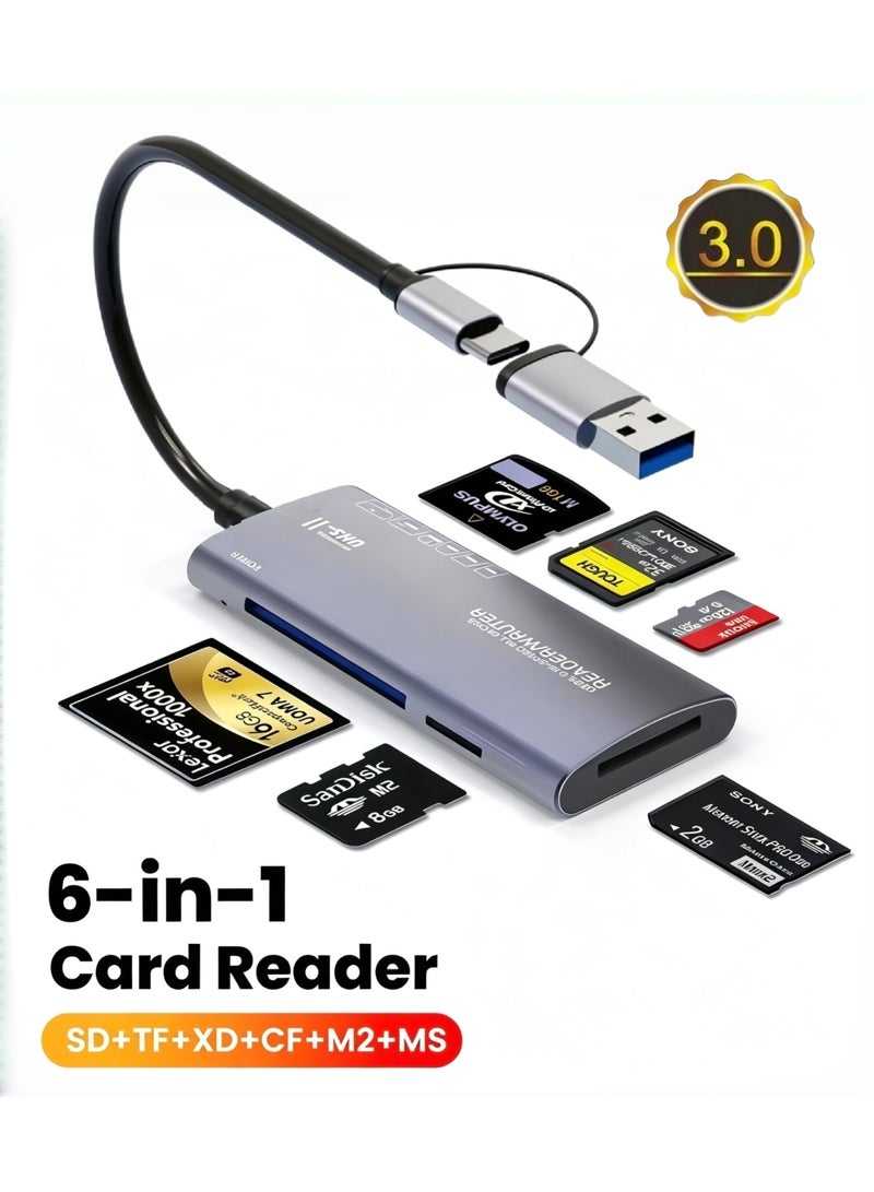 قارئ بطاقات متعدد الوظائف بـ 6 في 1 ومنفذ USB 3.0 ونوع C - يعمل مباشرة بعد التوصيل (Plug & Play)، متوافق مع أنظمة Apple وWindows، يدعم بطاقات SD، TF، Micro SD، MS، CF، وM2. - Image 1
