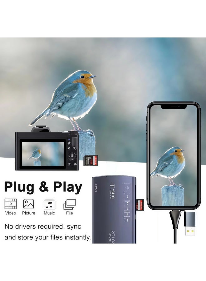 قارئ بطاقات متعدد الوظائف بـ 6 في 1 ومنفذ USB 3.0 ونوع C - يعمل مباشرة بعد التوصيل (Plug & Play)، متوافق مع أنظمة Apple وWindows، يدعم بطاقات SD، TF، Micro SD، MS، CF، وM2. - Image 5