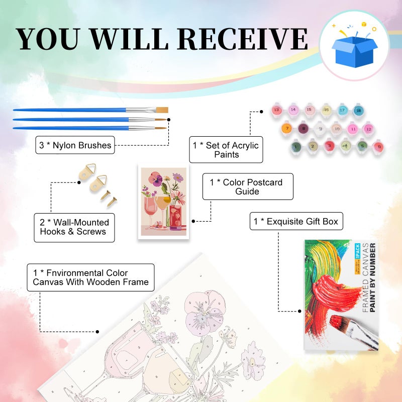 Camocin Framed Paint by Numbers Kit for Adults - Cocktail Paint by Numbers with Frame for Beginner, Flowers Acrylic Adult Painting by Number Kits on Canvas Framed for Gift Decor 8 x 12 Inch - Image 4