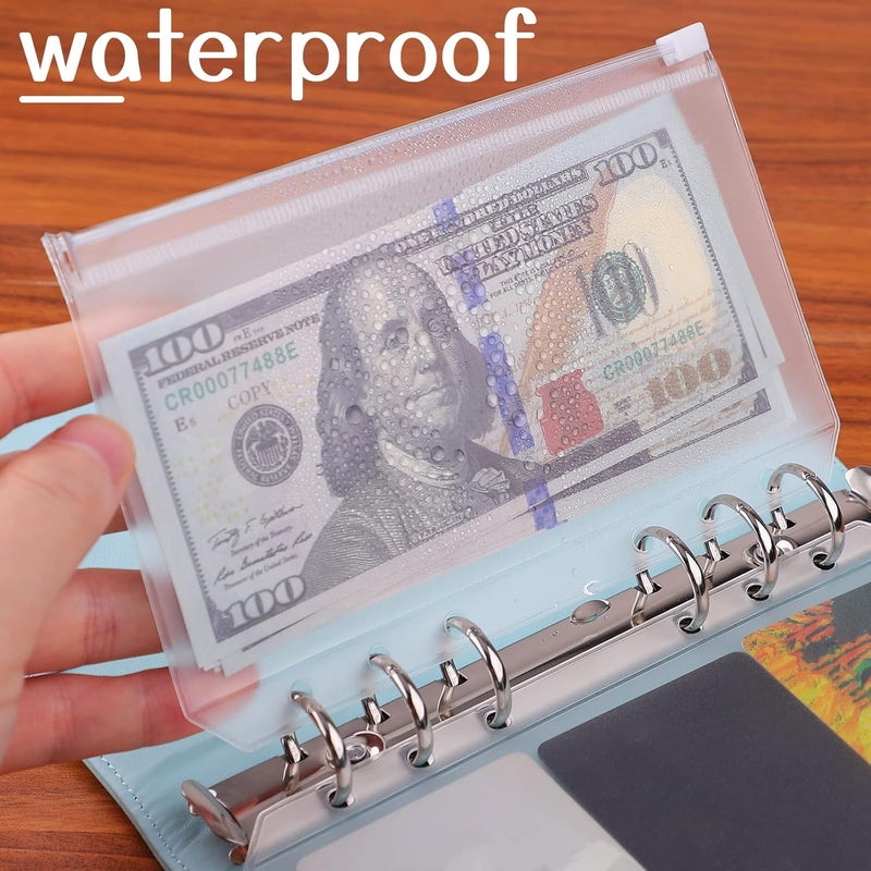 Antner 12pcs A6 Size Binder Pockets 6 Holes Budget Cash Envelopes for Budgeting, Clear Zipper Folders Loose Leaf Bags for A6 6-Ring Budget Binder, Waterproof PVC Document Pouch Filing Bags - Image 4