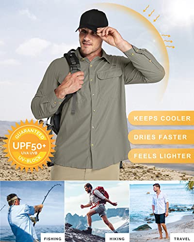 33,000ft Men's Long Sleeve Sun Protection Shirt UPF 50+ UV Quick Dry Cooling Fishing Shirts for Travel Safari Camping Hiking Gray Green - Image 4