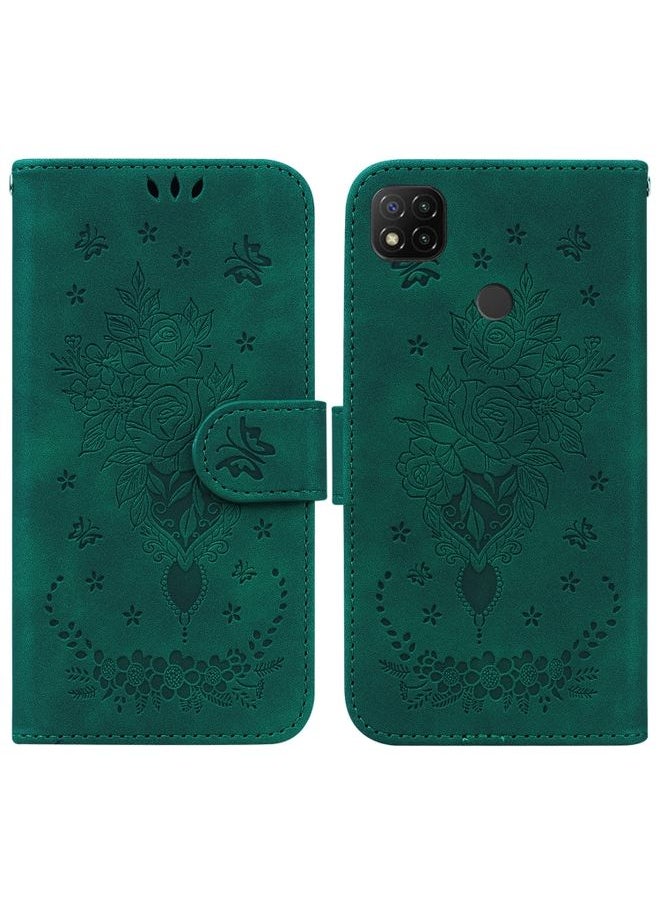 HuHa Case Cover For Xiaomi Redmi 9C Butterfly Rose Embossed Leather Phone Case Green 