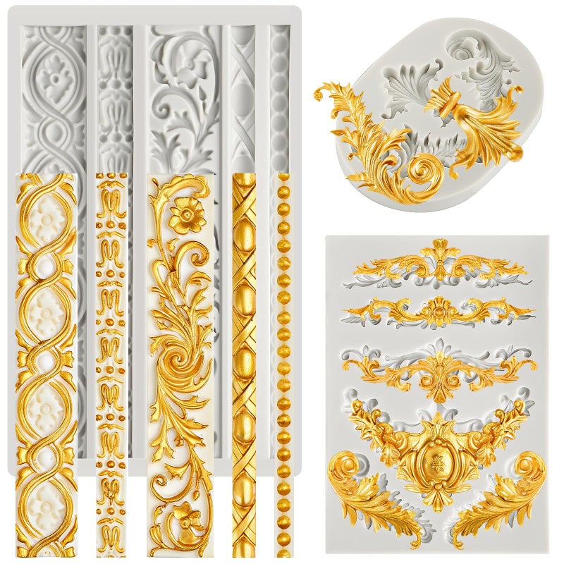 Joersh 3Pcs Baroque Silicone Molds Scroll Border Mold Baroque Clay Mold Fondant Molds For Wedding Birthday Cake Decorating  Chocolate  Sugar  Clay Crafts - Image 1