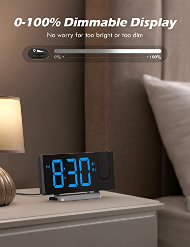 Uptimus Projection Alarm Clock with FM Radio, USB Charging Port, 0-100% Dimmer, Dual Alarms, HD LED Display, 30 Preset Stations, Sleep Timer, 5 Alarm Sounds, Snooze, Curved Screen, Digital Clock for Bedroom - Image 2