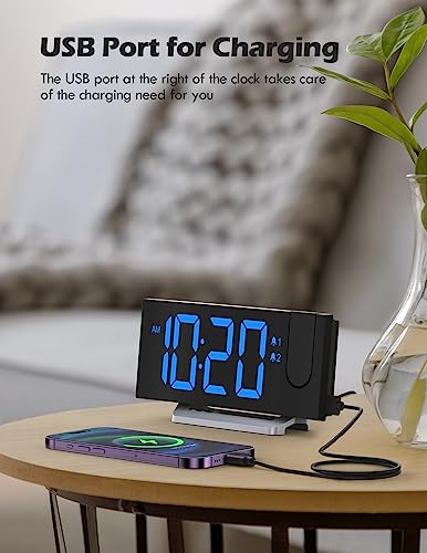 Uptimus Projection Alarm Clock with FM Radio, USB Charging Port, 0-100% Dimmer, Dual Alarms, HD LED Display, 30 Preset Stations, Sleep Timer, 5 Alarm Sounds, Snooze, Curved Screen, Digital Clock for Bedroom - Image 5