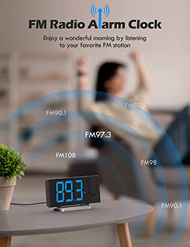 Uptimus Projection Alarm Clock with FM Radio, USB Charging Port, 0-100% Dimmer, Dual Alarms, HD LED Display, 30 Preset Stations, Sleep Timer, 5 Alarm Sounds, Snooze, Curved Screen, Digital Clock for Bedroom - Image 4