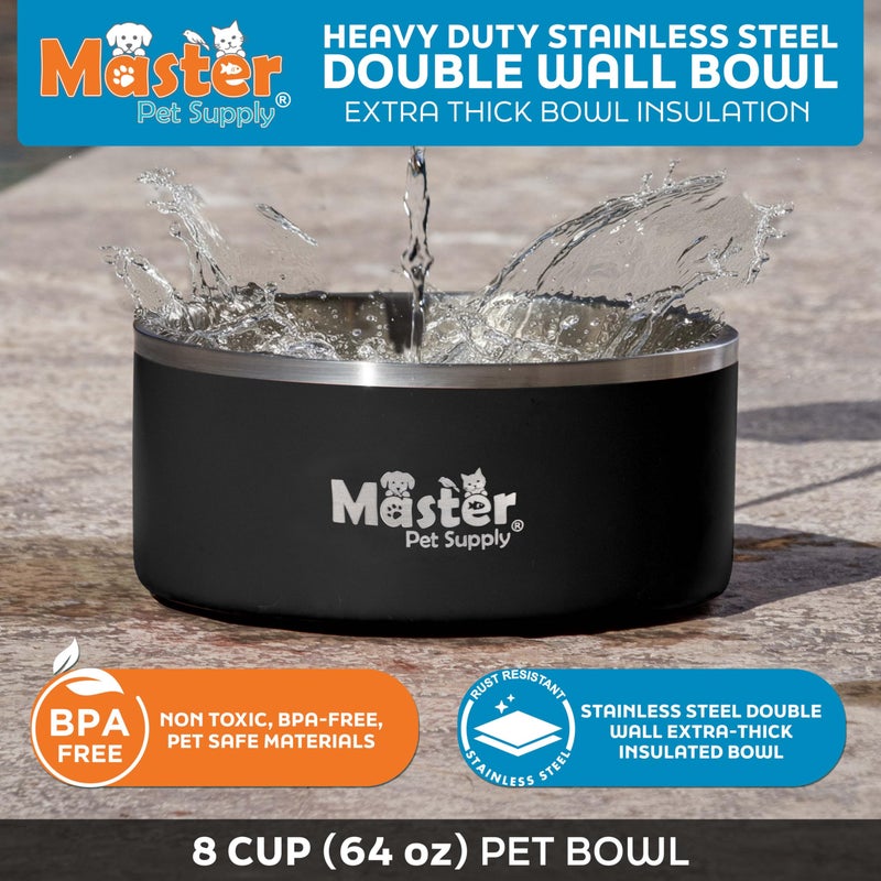 Master Pet Supply Stainless Steel Dog Bowls - 64 oz, Heavy Duty - Black Velvet, Double Wall Extra-Thick Insulated, Non-Slip Pet Water Bowl for Dogs, Cats & Pets, Anti Rust Metal, Dish Washer Safe - Image 3