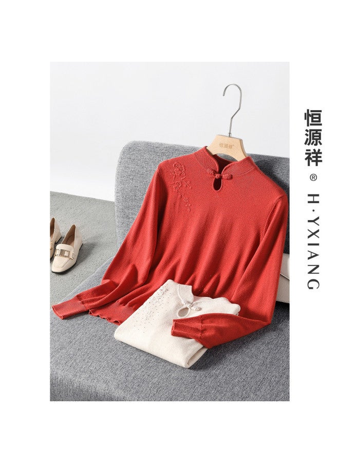Hengyuanxiang Banquet New Chinese Style Qipao [Wool] Embroidered 60-Year-Old Mother'S Wool Sweater Middle-Aged And Elderly Base Layer Sweater - Image 3