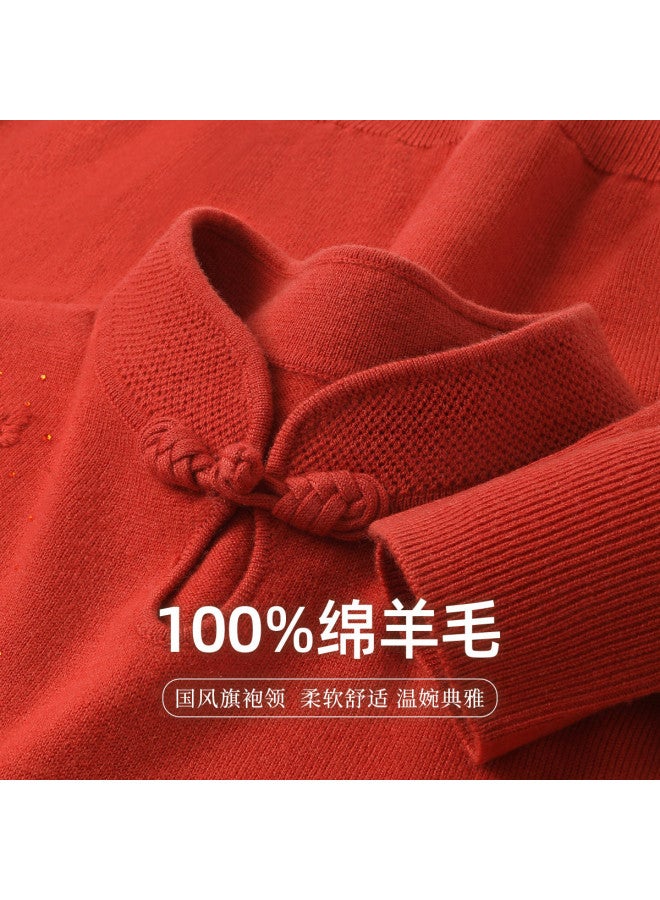 Hengyuanxiang Banquet New Chinese Style Qipao [Wool] Embroidered 60-Year-Old Mother'S Wool Sweater Middle-Aged And Elderly Base Layer Sweater - Image 2