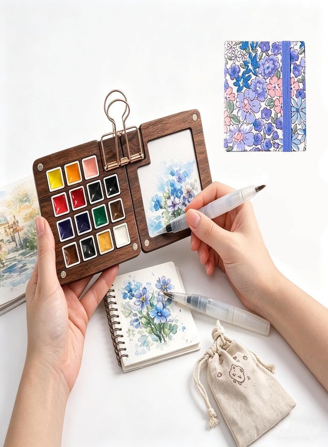 DEOLD Mini Wooden Watercolor Palette Set – 15 Colors Pocket Travel Watercolor Kit with Magnetic Lid, Water Brush, Sketchbook, Clips & Storage Bag, 2.87" Portable Artist Painting Set - Image 1