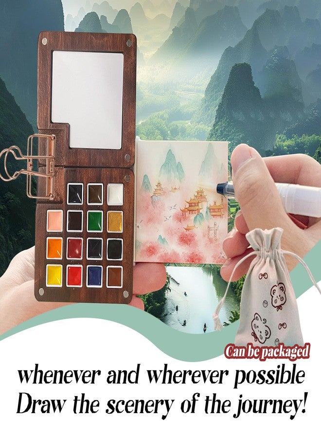 DEOLD Mini Wooden Watercolor Palette Set – 15 Colors Pocket Travel Watercolor Kit with Magnetic Lid, Water Brush, Sketchbook, Clips & Storage Bag, 2.87" Portable Artist Painting Set - Image 3