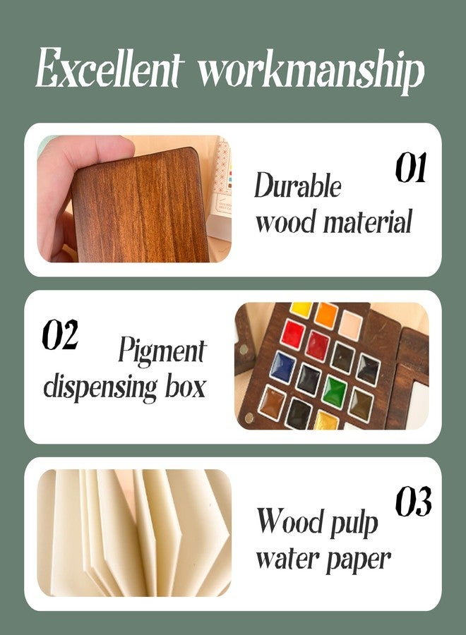 DEOLD Mini Wooden Watercolor Palette Set – 15 Colors Pocket Travel Watercolor Kit with Magnetic Lid, Water Brush, Sketchbook, Clips & Storage Bag, 2.87" Portable Artist Painting Set - Image 4