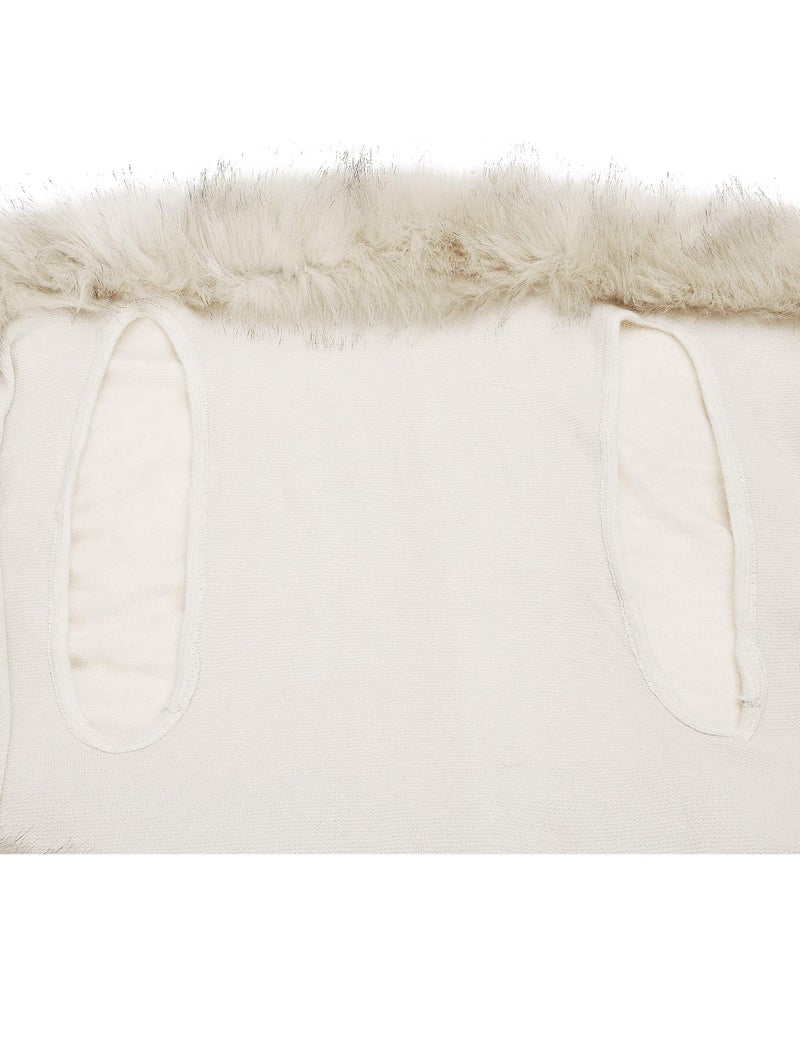 ZLYC Women Fine Knit Open Front Faux Fur Trim Layers Poncho Cape Cardigan Sweater (White) - Image 5