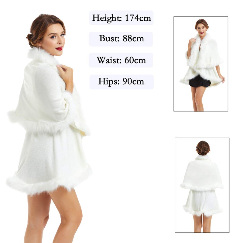 ZLYC Women Fine Knit Open Front Faux Fur Trim Layers Poncho Cape Cardigan Sweater (White) - Image 2