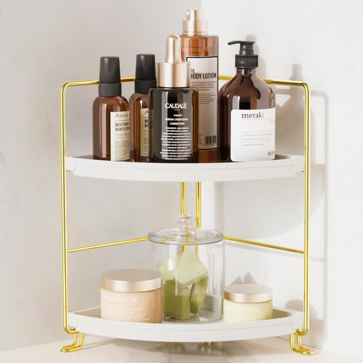 JANUS LiANG 2Tier Corner Bathroom Countertop Organizer Tiny Counter Corner Shelf Skincare Makeup Perfume Organizer and Organization for Kitchen Luxury Gold