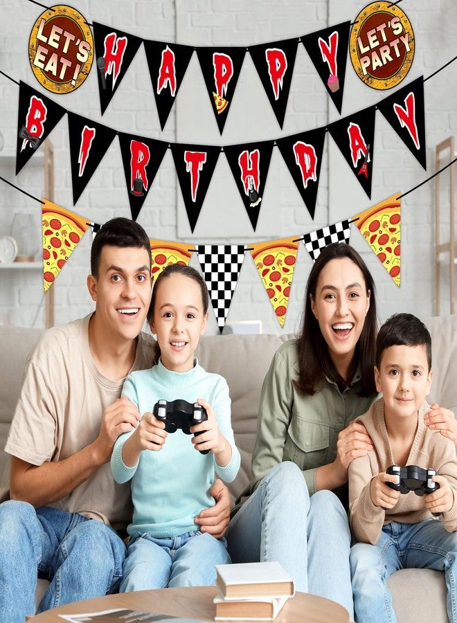 MinFyberd Night Party Decoration Horror Game Happy Birthday Banner Pre-Strung Black White Checkered Pizza Pennant Banner Flags Video Game Bunting Garland for Spooky Creepy Bear Themed Birthday Party Supplies - Image 4
