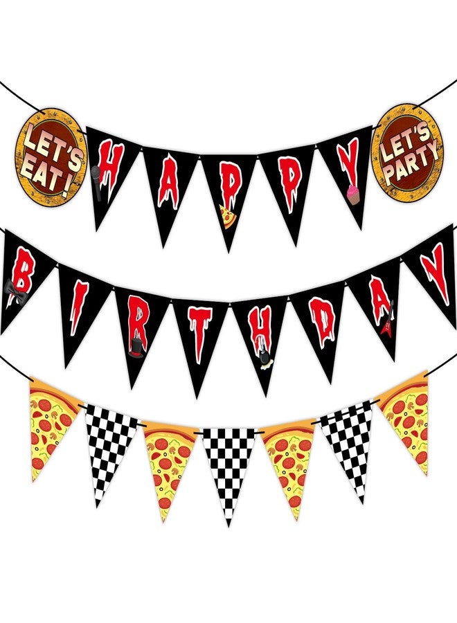 MinFyberd Night Party Decoration Horror Game Happy Birthday Banner Pre-Strung Black White Checkered Pizza Pennant Banner Flags Video Game Bunting Garland for Spooky Creepy Bear Themed Birthday Party Supplies - Image 1