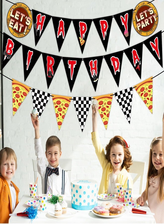 MinFyberd Night Party Decoration Horror Game Happy Birthday Banner Pre-Strung Black White Checkered Pizza Pennant Banner Flags Video Game Bunting Garland for Spooky Creepy Bear Themed Birthday Party Supplies - Image 5