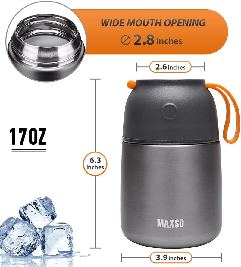 Max&So Soup Thermo for Hot & Cold Food for Adults Kids, 17 oz Vacuum Insulated Steel Lunch Container Bento Box with Spoon, Leakproof Thermal Food Jar for School Office Travel - Grey - Image 5