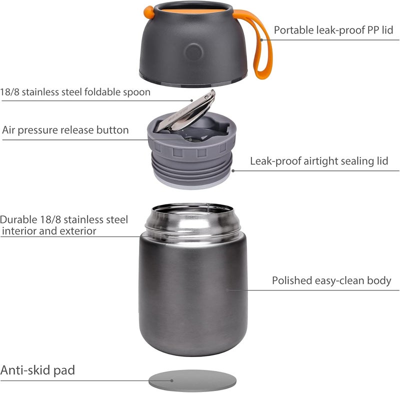 Max&So Soup Thermo for Hot & Cold Food for Adults Kids, 17 oz Vacuum Insulated Steel Lunch Container Bento Box with Spoon, Leakproof Thermal Food Jar for School Office Travel - Grey - Image 3