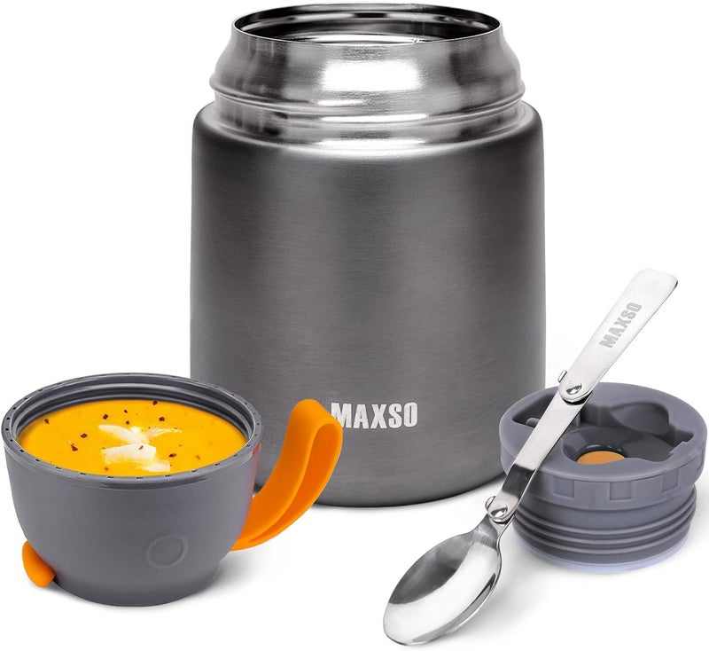 Max&So Soup Thermo for Hot & Cold Food for Adults Kids, 17 oz Vacuum Insulated Steel Lunch Container Bento Box with Spoon, Leakproof Thermal Food Jar for School Office Travel - Grey - Image 1