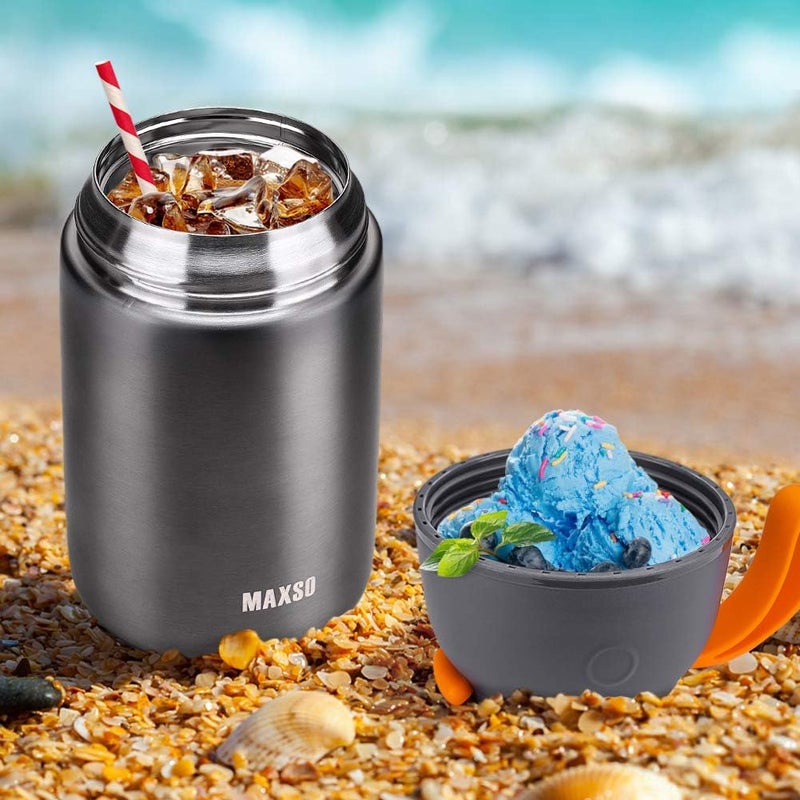 Max&So Soup Thermo for Hot & Cold Food for Adults Kids, 17 oz Vacuum Insulated Steel Lunch Container Bento Box with Spoon, Leakproof Thermal Food Jar for School Office Travel - Grey - Image 2