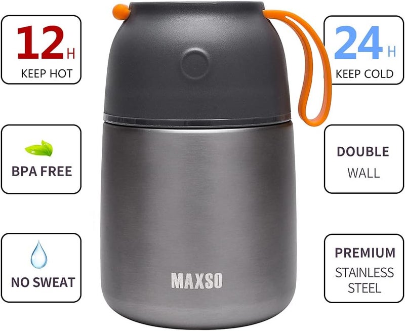 Max&So Soup Thermo for Hot & Cold Food for Adults Kids, 17 oz Vacuum Insulated Steel Lunch Container Bento Box with Spoon, Leakproof Thermal Food Jar for School Office Travel - Grey - Image 4