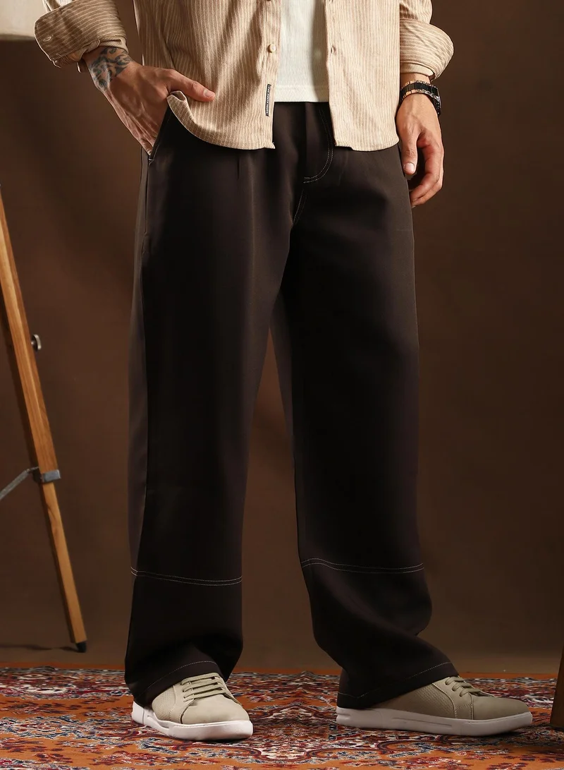 CAHOOT  Men's Coffee Brown Contrast-Stitch Straight Trousers For Casual Wear | Mid-Rise | Straight Fit | Button Closure | Trousers Crafted With Comfort Fit For Everyday Wear for Men | Best Price UAE
