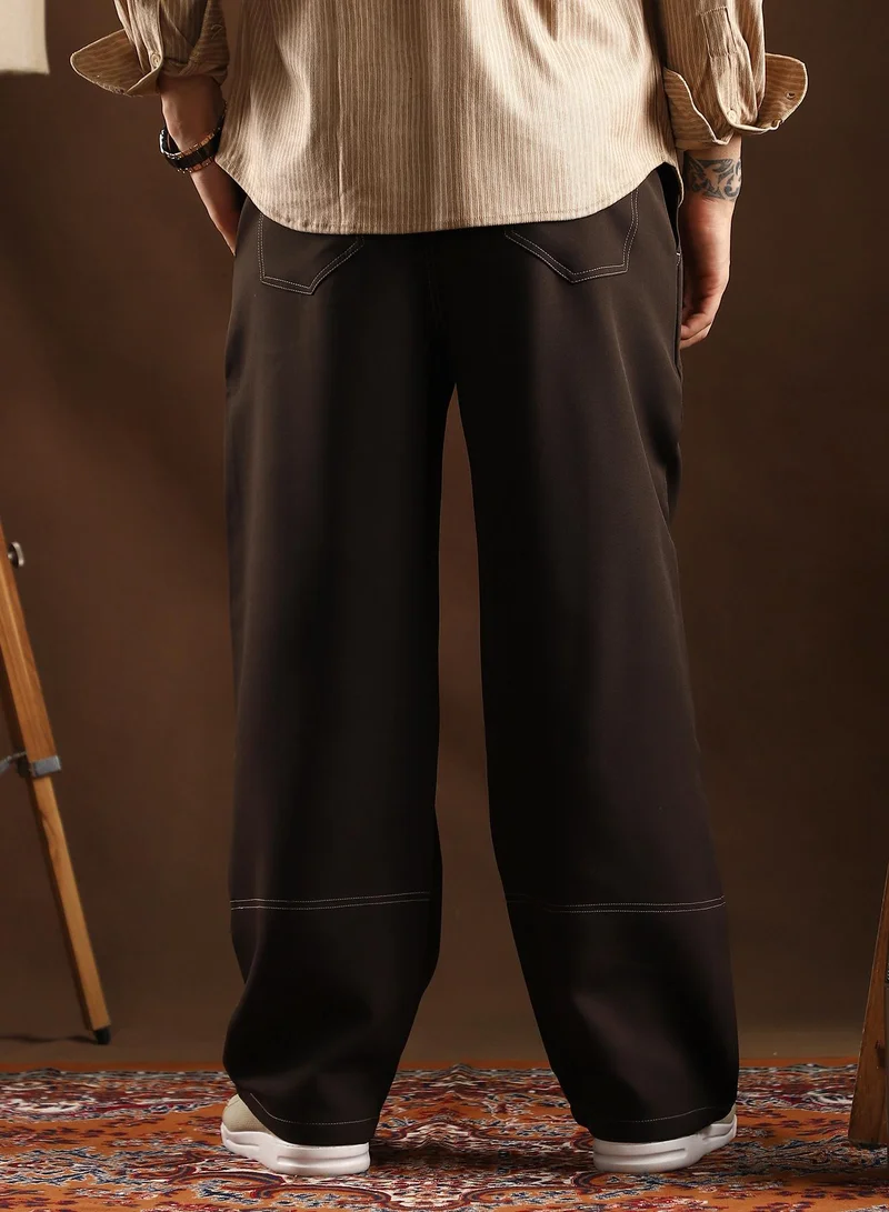 CAHOOT  Men's Coffee Brown Contrast-Stitch Straight Trousers For Casual Wear | Mid-Rise | Straight Fit | Button Closure | Trousers Crafted With Comfort Fit For Everyday Wear for Men | Best Price UAE