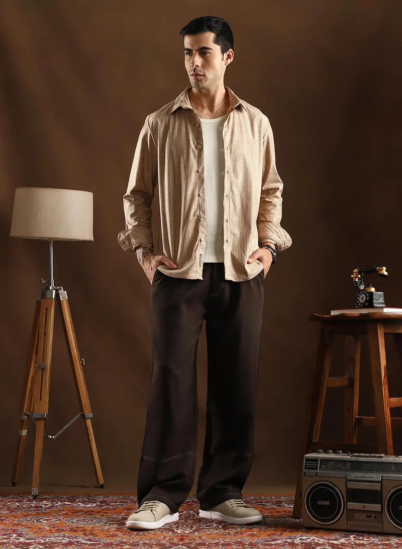 CAHOOT  Men's Coffee Brown Contrast-Stitch Straight Trousers For Casual Wear | Mid-Rise | Straight Fit | Button Closure | Trousers Crafted With Comfort Fit For Everyday Wear for Men | Best Price UAE