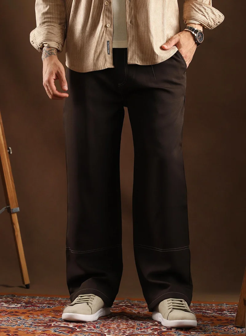 Campus Sutra Men's Coffee Brown Contrast-Stitch Straight Trousers For Casual Wear | Mid-Rise | Straight Fit | Button Closure | Trousers Crafted With Comfort Fit For Everyday Wear