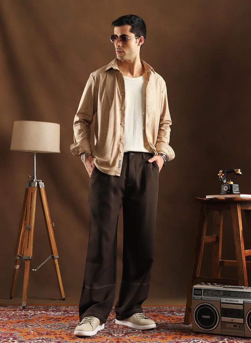 CAHOOT  Men's Coffee Brown Contrast-Stitch Straight Trousers For Casual Wear | Mid-Rise | Straight Fit | Button Closure | Trousers Crafted With Comfort Fit For Everyday Wear for Men | Best Price UAE