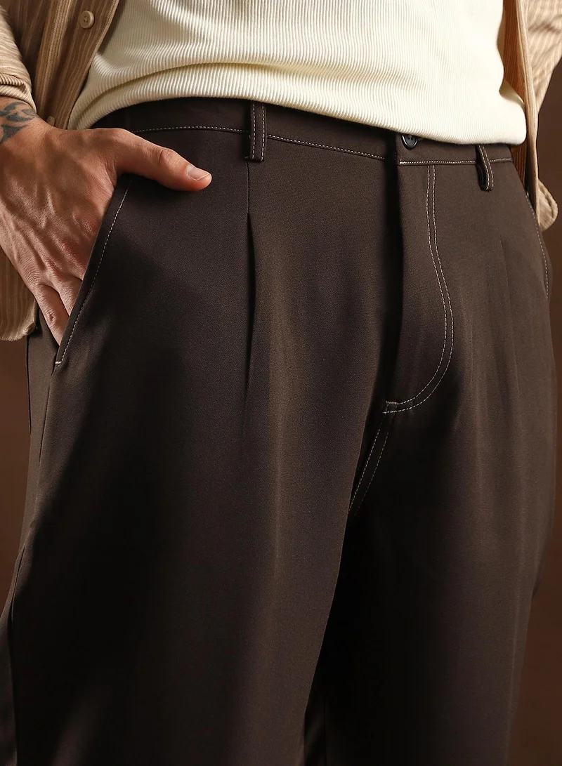 CAHOOT  Men's Coffee Brown Contrast-Stitch Straight Trousers For Casual Wear | Mid-Rise | Straight Fit | Button Closure | Trousers Crafted With Comfort Fit For Everyday Wear for Men | Best Price UAE