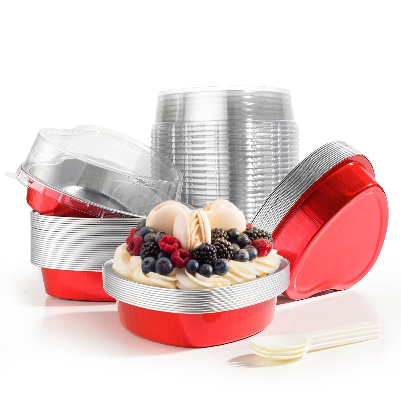 اس تي ان قوالب كيك صغيرة على شكل قلب من STN، 9 أونصة، مصنوعة من رقائق الألومنيوم، قوالب كيك للاستخدام مرة واحدة على شكل قلب مع أغطية وملعقة، مناسبة لعيد الحب، عيد الأم، أعياد الميلاد، وحفلات الزفاف، 25 قطعة (أحمر) - Image 1