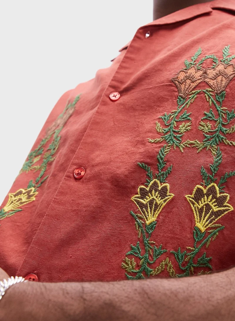 TOPMAN Embroidered Floral Print Relaxed Fit Shirt