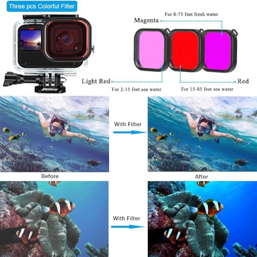 Husiway Accessories Kit for Gopro Hero 13 12 11 10 9 Black Waterproof Housing Silicone Case Glass Screen Protector Bundle for Go pro Gopro13 Gopro12 Gopro11 Gopro10 Hero13 Hero12 Hero11 Hero10 Camera 62E - Image 3