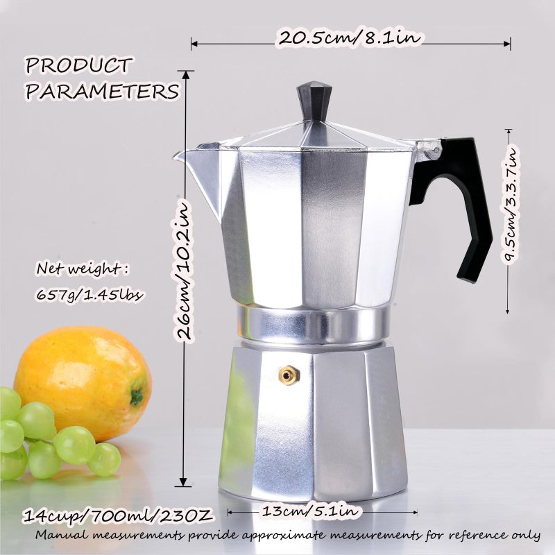 Vaolvpant 14 كوب من الألومنيوم Moka Pot Classic Stovetop Espresso Coffee Maker 700ml 23oz صانع القهوة Percolator Mocha Express صانعو المقهى المفضلون للمقهى الإيطالي والكوبي؟ تخمير الفضة - Image 2