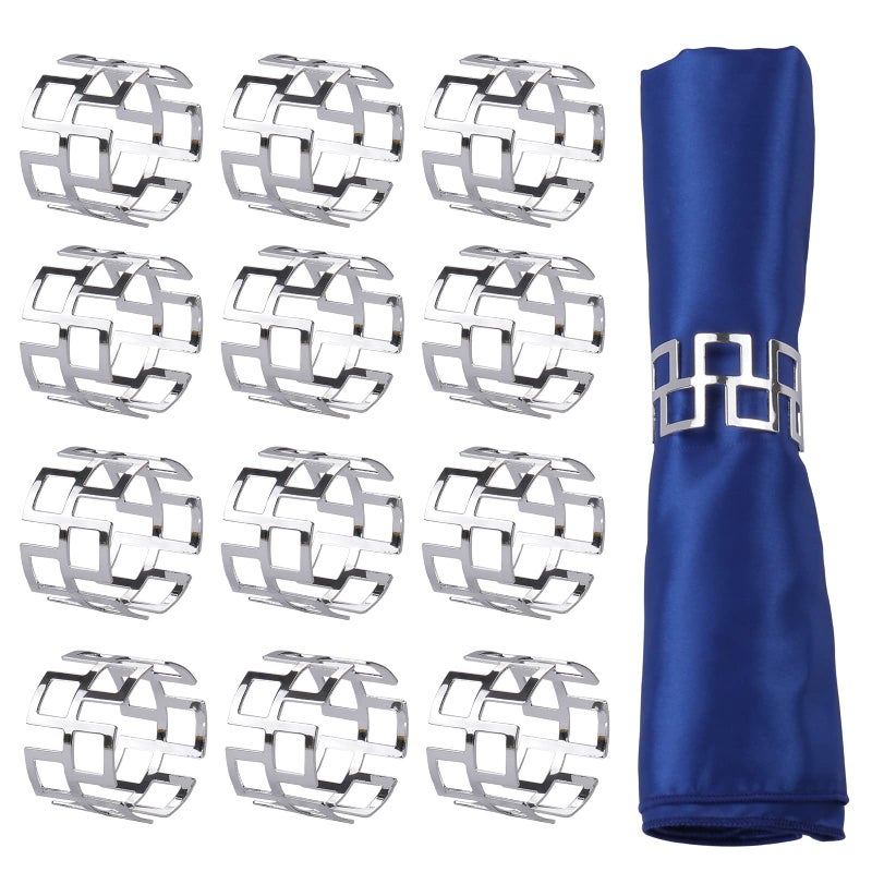 طقم حلقات المناديل الفضية من لوغ هوغ من سبائك الألمنيوم مجموعة من 12 حلقة حامل مناديل مثالية لتزيين الطاولة لحفلات الزفاف والعطلات أنيقة فضية