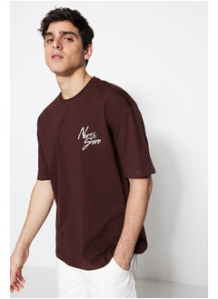 trendyol Brown Relaxed/Casual-Fit Short Sleeve Text Printed 100% Cotton T-Shirt TMNSS20TS1099  - Image 1