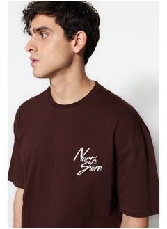 trendyol Brown Relaxed/Casual-Fit Short Sleeve Text Printed 100% Cotton T-Shirt TMNSS20TS1099  - Image 3