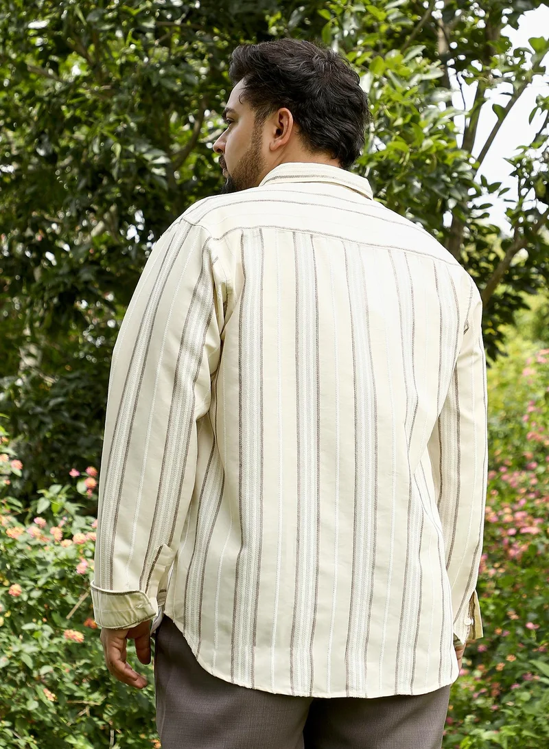 Instafab Plus  Instafab Plus Men Shadow-Stripe Jacquard Shirt | Spread Collar , Long Cuffed Sleeves | Button Closure , Curved Hem | Stripes Jacquard | Woven Fabric For Casual & Daily Wear | Off-White for Men | Best Price UAE