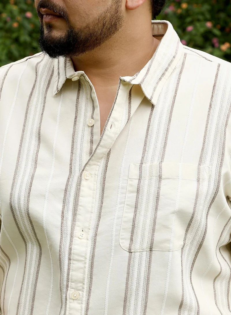 Instafab Plus  Instafab Plus Men Shadow-Stripe Jacquard Shirt | Spread Collar , Long Cuffed Sleeves | Button Closure , Curved Hem | Stripes Jacquard | Woven Fabric For Casual & Daily Wear | Off-White for Men | Best Price UAE